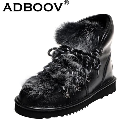 ADBOOV Winter Warm Wool Female Big Size Snow Boots Casual Office Flats Platform Boots Genuine Leather Women Sweet Ankle Boots