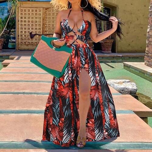 Fashion Women Summer Long One-Piece Dress Sexy Hollow Out Bra Lace Crop Top Split Skirt Outfits Bohemia Leaf Printing Suits