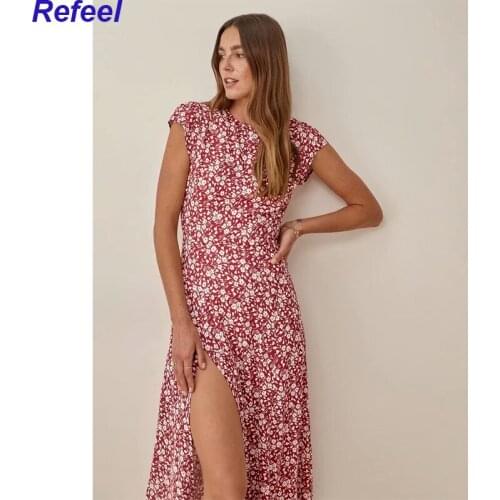 Woman Dress 2021 Short Sleeve Vintage Floral Print Dress Women Summer Cut Out Back Sexy Side Slit Elegant Midi Dress Vestidos