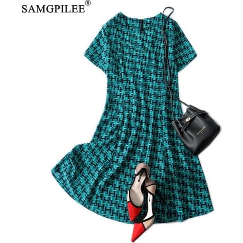 Summer Light Luxury Womens O Neck French Style Elegant High Waist Slim Green Fishtail Printed Chiffon Women Dresses Plus Size