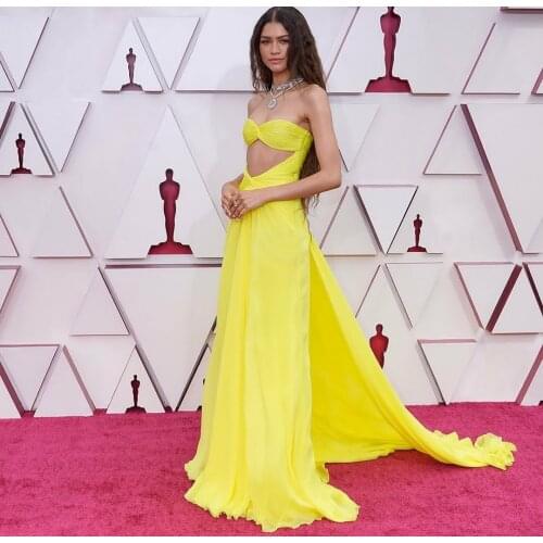 Sexy Long Pleated Yellow Chiffon Celebrity Dresses Sweetheart Floor Length A-Line Robe De Soiree Formal Gowns for Women