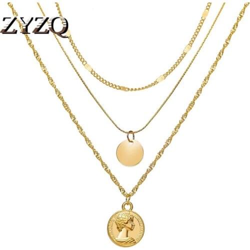 ZYZQ Vintage Multi-layer Coins Human Head Pendant Necklace for Women Bohemian Metal Geometric Choker Collar Necklace Wholesale