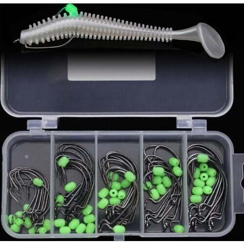 101pcs/lot Fishing Crank Hook Luminous Soft Beads Suit Hooks Size 2# 1# 1/0# 2/0# 3/0# with Fishing Tackle Box