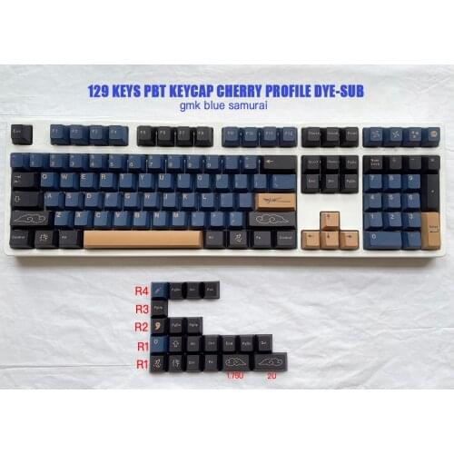 129 Keycaps DYE-SUB Cherry Profile BLUE/RED Samurai Japanese PBT KeyCaps For Cherry MX Switch Mechanical Keyboard