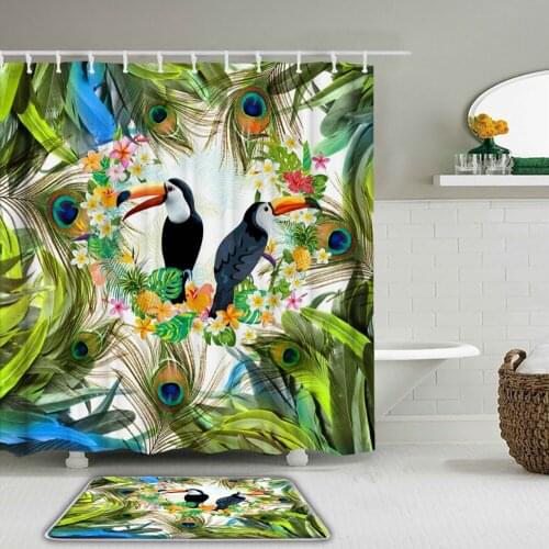 2Pcs/Set Tropical Plant Animals Birds Shower Curtain Set Non-Slip Rug Toilet + Bath Mat Waterproof Polyester Bathroom Curtains