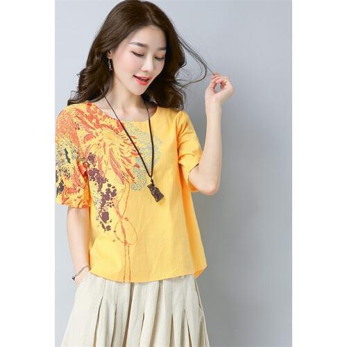 2018 Women Summer Style T-Shirts Casual Art Button Print Cotton Linen T Shirt Ladies Short Sleeve Shirts Tops Tees Oversize A789