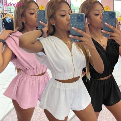 Adogirl Colored Cotton Women Two Piece Sets Zipper Hooded Short Sleeve Crop Top Elastic Waist Shorts Skirts Solid Tracksuit