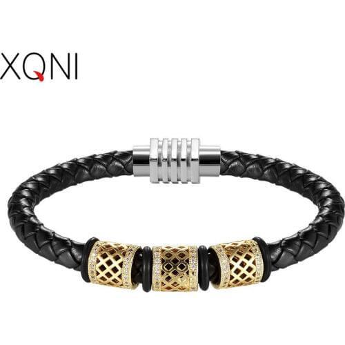 XQNI Stainless Steel Hollow Pattern Inlaid Cubic Zircon 4 Sizes 4 Colors Genuine Leather Bracelet For Men Birthday Party Gift