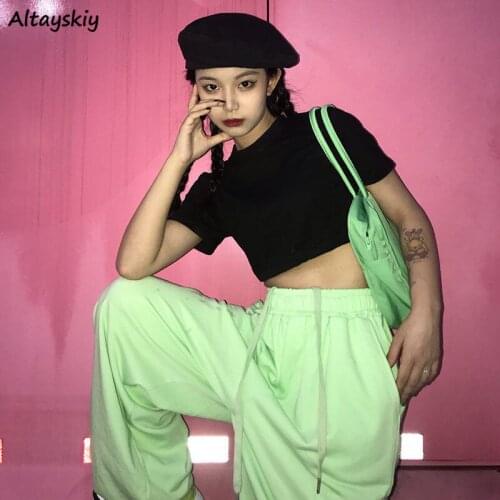 Pants Women Light Green Hip-hop Trousers Pure Color Fashionable Simple Streetwear High Waist Leisure Pockets Female Harajuku Ins