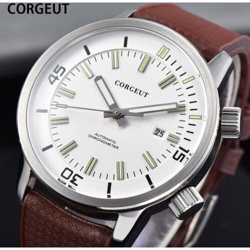 CORGEUT 44.5mm Miyota Automatic Mechanical Mens Watch White Dial Brand Luxury Watch Men Rubber Sport Luminous Waterproof Watch