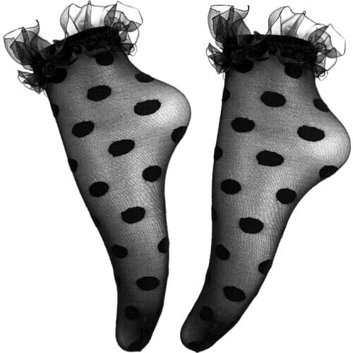 Black Frilly Lace Sock Lolita Vintage Elasticity Transparent Socks Women Japanese Polka Dot Sheer Socks Dames Sokken Vrouwen