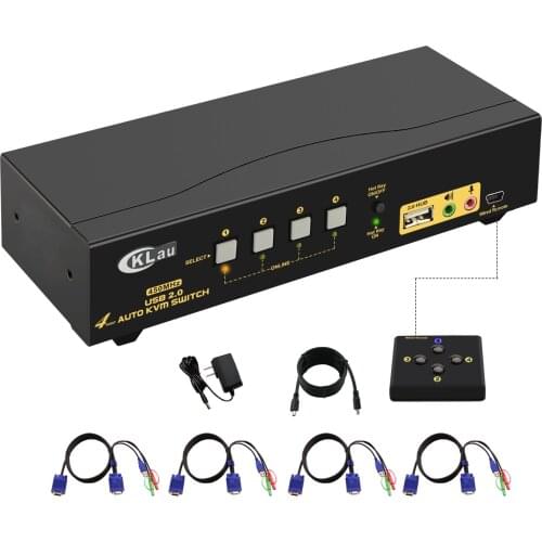 CKL 4 Port USB 2.0 VGA KVM Switch with Cables Support Audio Auto Scan, PC Monitor Keyboard Mouse DVR NVR Switcher CKL-84UA