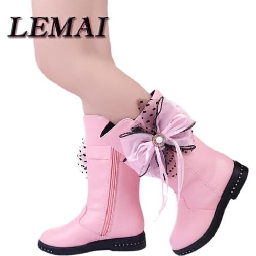 ChildrenS Winter Boots for Girls Rhinestone Flower Fashion Plush Boots Princess Flats Dress Shoes Black Red Snow Boot KS544