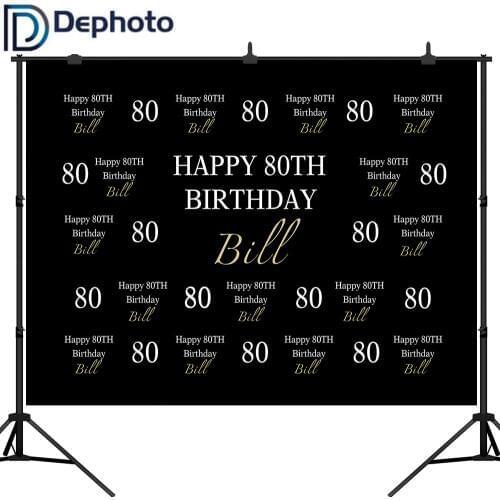 Dephoto Happy 80th Birthday Photography Backdrops Black Gold Repeat Backdrop Customized Birthday Party Banner Background