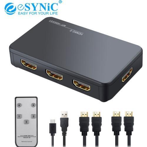 ESYNiC 1080P HDMI Switch 3 in 1 Out 4k 3D HDMI Switch Splitter with IR Remote Control 1.0m HDMI Cable For Xbox PS4 Blu-ray DVD
