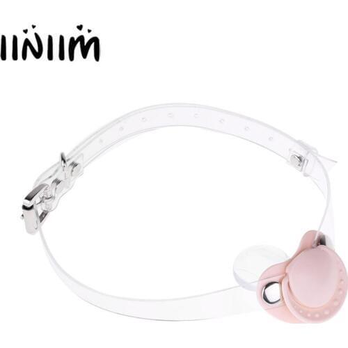 Iiniim 18+ Adults Transparent PVC Straps Buckled ABDL Dummy Head Harness Belt with Silicone Baby Pacifier Gag for Lover Couples