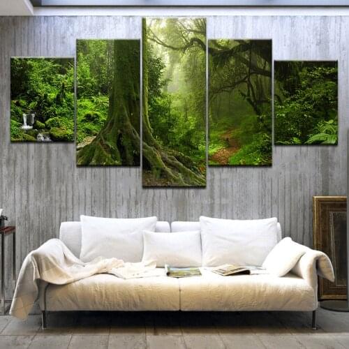 Canvas Wall Art Pictures Frames Living Room 5 Pieces Original Forest Tree Scenery Paintings Home Decor HD Printed Forest Posters