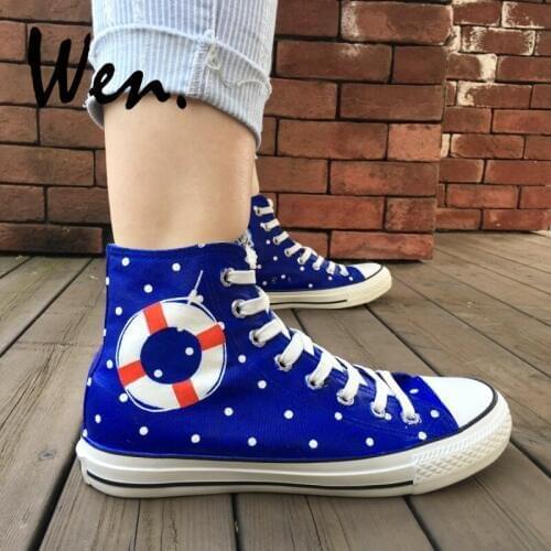 Wen Hand Painted Skateboarding Shoes for Man Woman Design Sailing Boat Wave Point High Top Canvas Sneakers Platform Trainers