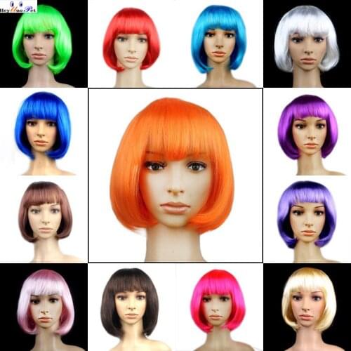 Short Bob Wig With Bangs for Women Synthetic Bob Wigs Black Pink Purple Wig for Party Daily Use Hat