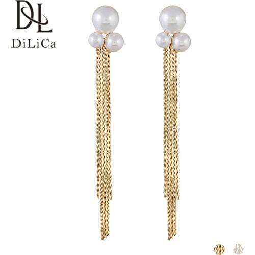 DiLiCa Fashion Long Drop Earrings Simulated Pearl Alloy Tassel Earrings Female Korean Style Earring Dangle Jewelry oorringen