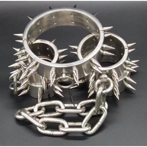 Spiked slave collar ankle hand cuffs stainless steel bdsm bondage set sex toys for couples adult games restraints handcuffs