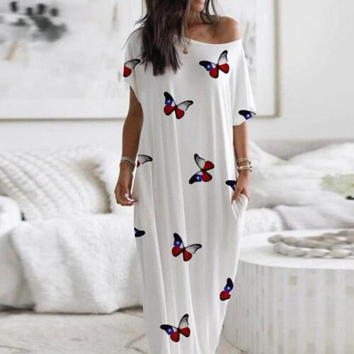 Elegant Dresses For Women Butterfly Print Dress Casual Short Sleeve Loose Pocket Summer Off Shoulder Holiday Beach Dress Women