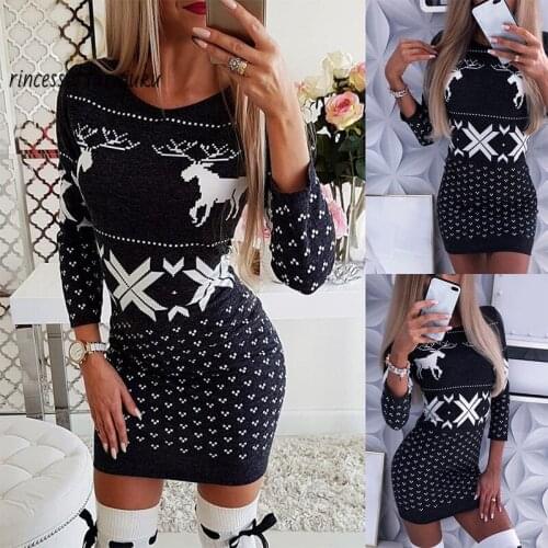 Sexy Dress Women Christmas Slim Dress Ladies Long Sleeve Xmas Knitting Dresses Fall/Winter Deer Print Long Sleeve Clothes Dress
