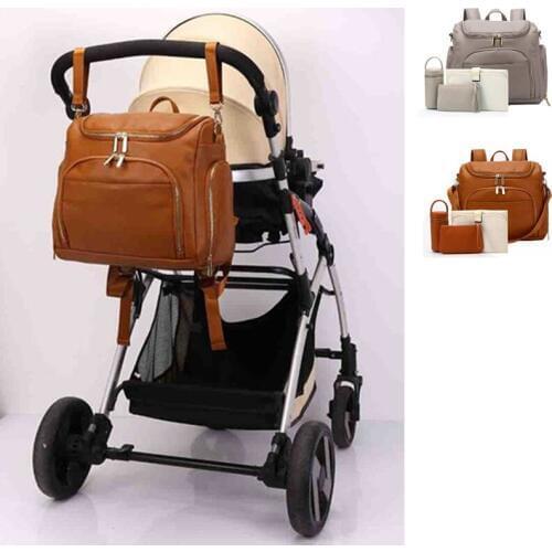 PU Leather Baby Nappy Diaper Bag Backpack Maternity Changing Pad Stroller Straps Insulation bag With Cosmetic bag