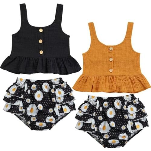 FOCUSNORM 0-4Y 2pcs Baby Girls Clothes Sets Solid Strap Sleeveless Vest Tops Flowers Printed Shorts