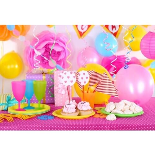 VinylBDS Birthday Theme Backdrops Colorful Balloon Delicious Cake Photo Backdrops For Birthday Party Photography Background