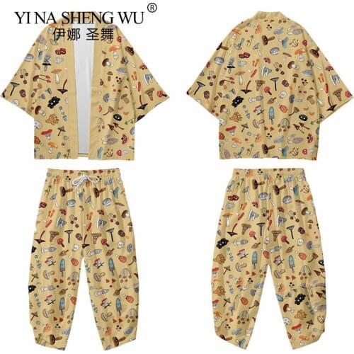 Japanese Style Vintage Casual Kimono Haori Retro Pants Set Men Traditional Harajuku Streetwear Samurai Cardigan Costumes Jacket