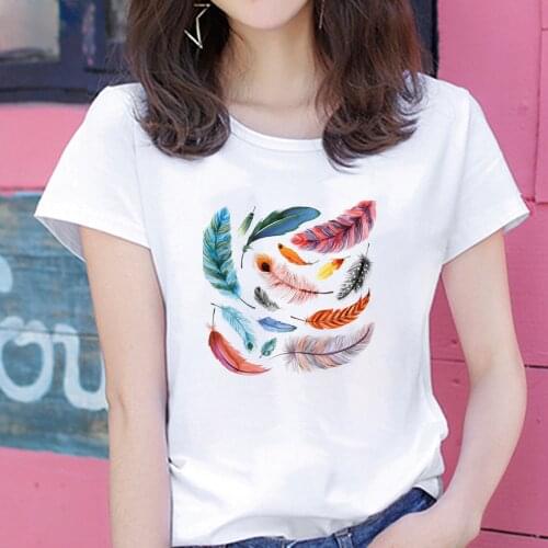 Colored Feathers Print Funny Tshirt Women Crew Neck Summer Ladies Tee Shirt Oversized T Shirt for Women Harajuku Top Mujer
