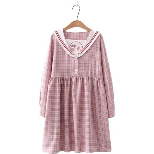 Women Dresses Autumn 2020 Letter Embroidery Plaid Straight Dress Long Sleeve Sailor Collar Cotton Preppy Style Ladies Mini Dress
