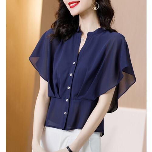 Womens Spring Summer Style Chiffon Blouses Shirts Womens Solid Color Button Short Sleeve Half Sleeve Korean Casual Tops SP648