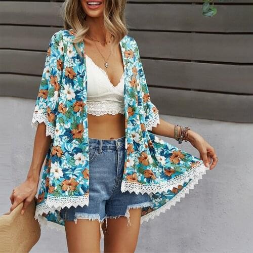 Women Beach Cloak 2021 Summer Bohemian Floral Print Lace Splice Cardigan Female Loose Casual Comfortable Coat
