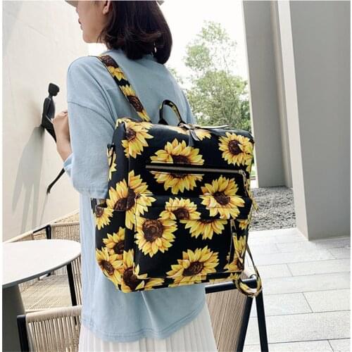 Women PU Backpack Vintage Sunflower Pattern Female Large Capacity Bag Casual School Bag For Gril