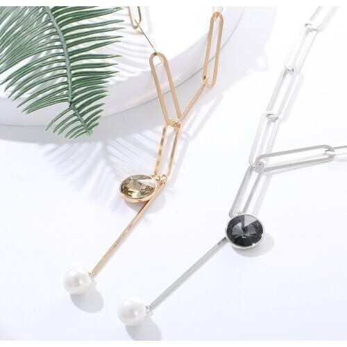 Gold Color Long Link Chain Necklace Women Pearl Beads Crystal Pendant Necklace mujer Statement Jewelry Wedding Party Gifts 2019