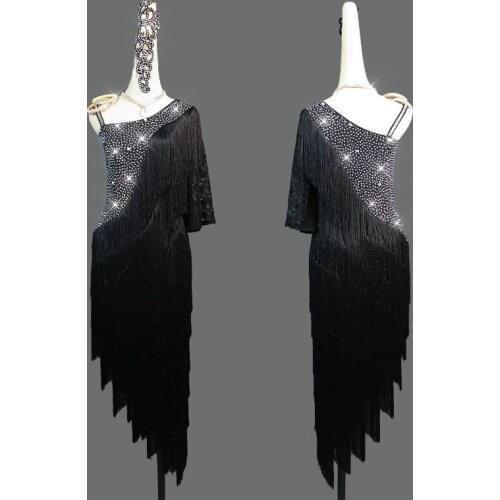 New Latin Dance Dress Women Competition Costume Female Adult Professional Sexy High-end Black Mesh Sleeve Dance Fringed Dress