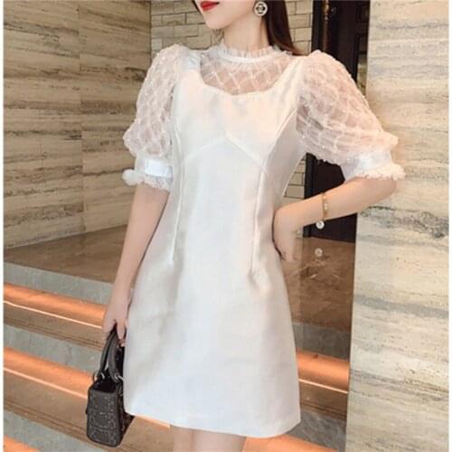 High Quality Fashion Runway Designer Summer Dress Womens With Pearl Bright Beads White Bubble Sleeve Dress