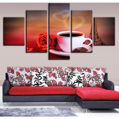 5 Panel Flowers Coffee Canvas Wall Art Poster Home Decoration Modern Living Room HD Print Painting Modular Pictures Frame