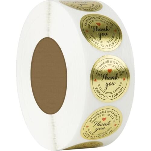 500pcs/roll Round Foil Gold Thank You,handmade with love Stickers seal labels scrapbooking for gift Packaging stationery sticker