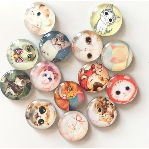Free shipping (14pcs/lot) Cute Cat Round Glass Fridge Magnet Cartoon Animal Message sticker for kids Lovely Cat Decoration