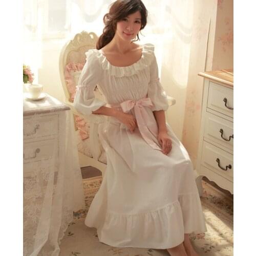 Free Shipping 100% Cotton Princess Nightdress Royal Pijamas Long White Nightgown Womens Sleepwear Ladies pijamas femininos
