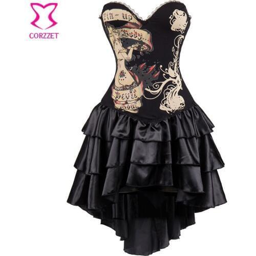 Black Vintage Print Cotton Strapless Bustier Dress Burlesque Outfits Victorian Steampunk Costume Gothic Corset Dresses For Women