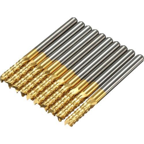 10Pcs/Box Titanium Coat Carbide 3.175X12mm End Mill Engraving Bits CNC Rotary Burrs Set Corn Milling Cutter PCB Router Bits