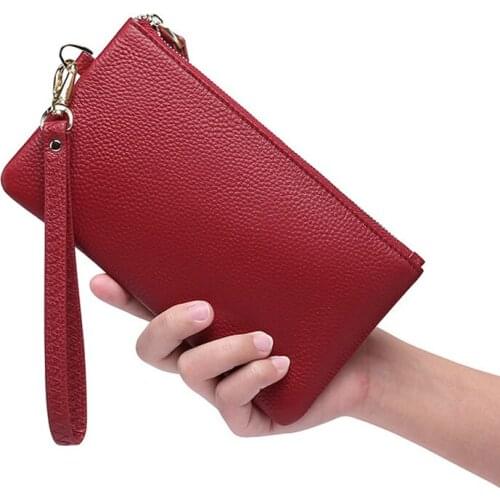 FRID Blocking Safe 100% Cow Genuine Womens Purse Simple Style Zipper Clutch Mobile Phone Bag