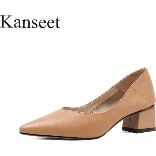 Kanseet New Arrival Women Pumps Spring Autumn Concise Genuine Leather Elegant Handmade pointed Toe Shallow High Heels Shoes