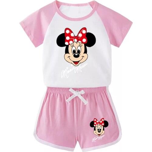 Summer Disney Minnie Mouse Girl Clothes Set Cotton T-Shirt Tops With Short Pants Outfits Children Clothing Kids Sport Suits