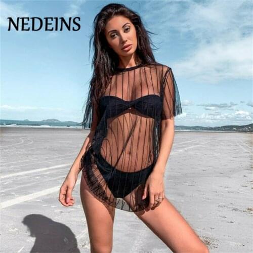 NEDEINS 2020 Summer Beach Sexy Dress Women Perspective Bikini Crew Neck Cover Up Swimsuit Fashion Stripe Loose Bathing Suit