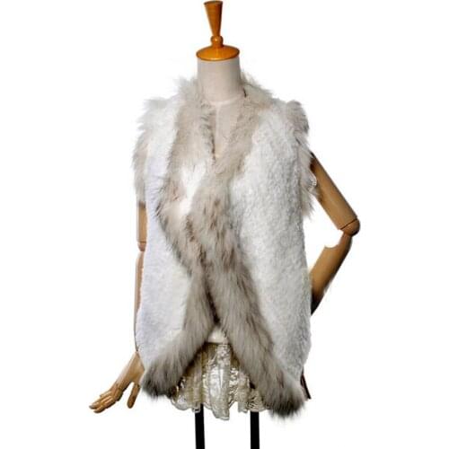 Brand New Women Genuine Knitted Rabbit Hair Chamarra Real Fourrure Ladies Raccoon Fur Trimming Collar Sleeveless Doudoune Traf